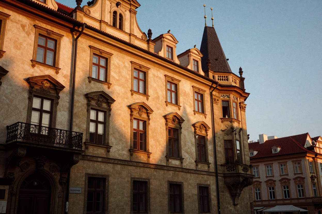 Golden Hour Sunset Light on Historic Prague Architecture and Cobblestone Streets in in Prague, Czech Republic
