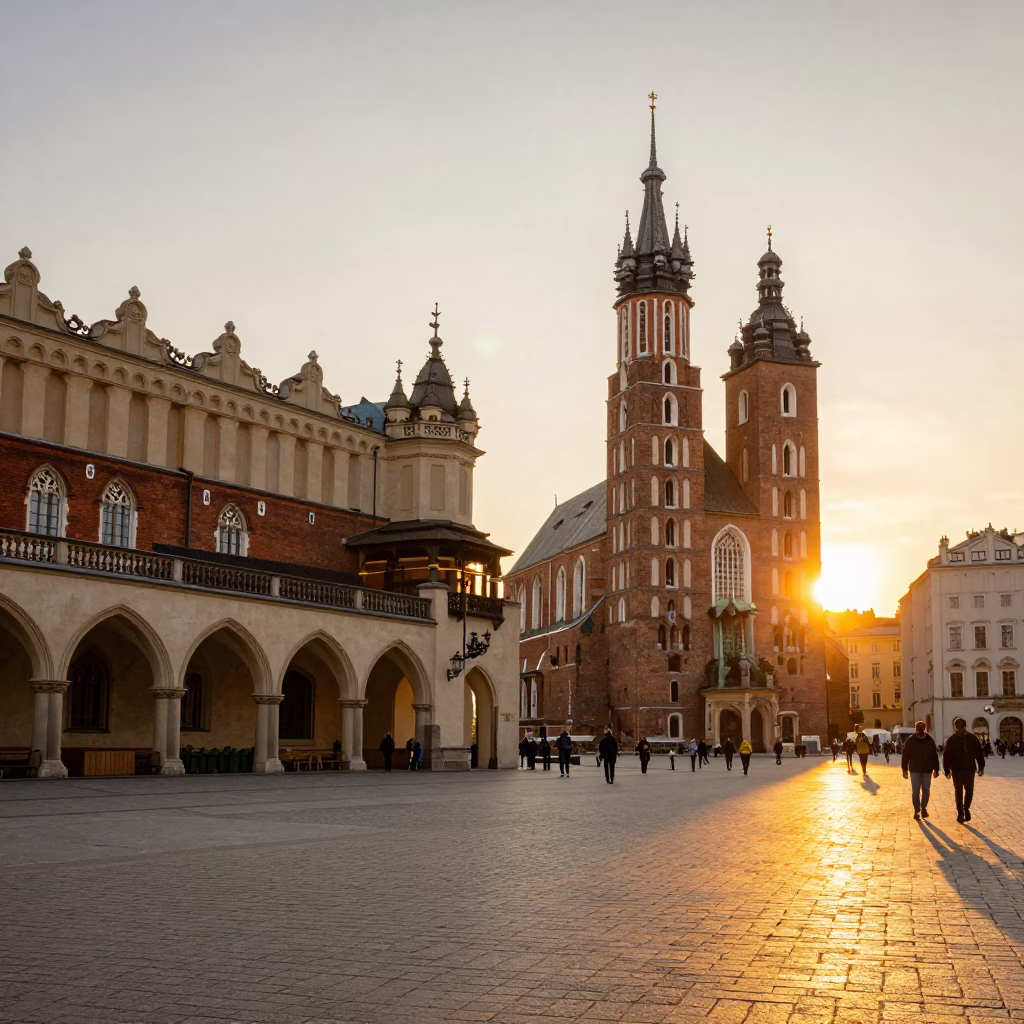 Golden Hour Sunset Light on Krakow Main Market Square Cobblestones and Historic Architecture in in Krakow, Poland