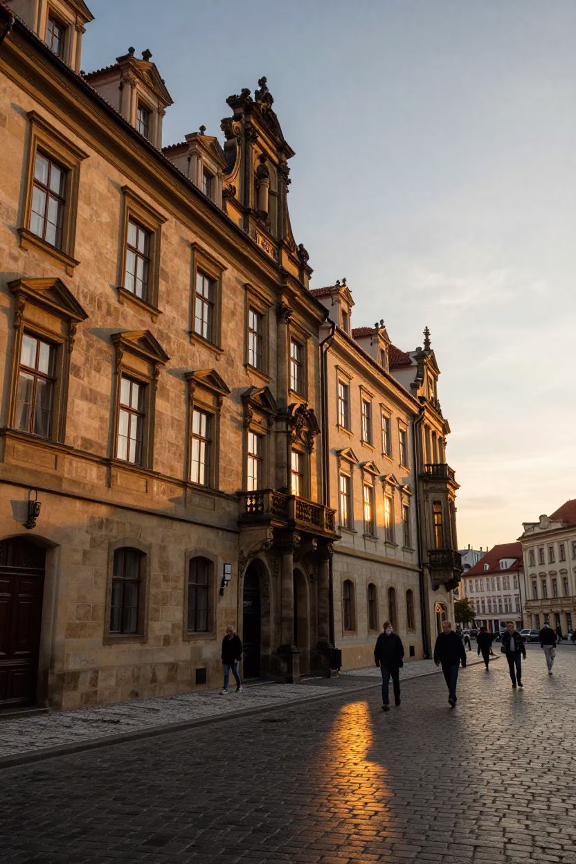 Golden Hour Sunset Light on Prague Stone Facades and Street Life in in Prague, Czech Republic