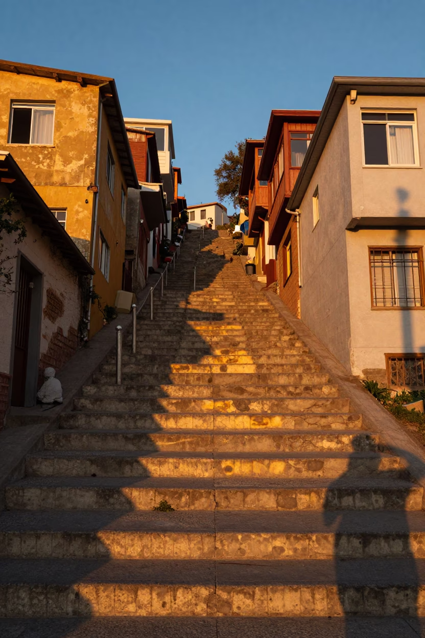 Golden Hour Sunset Light on Valparaiso Chile Hillside Staircase and Colorful Architecture in in Valparaiso, Chile