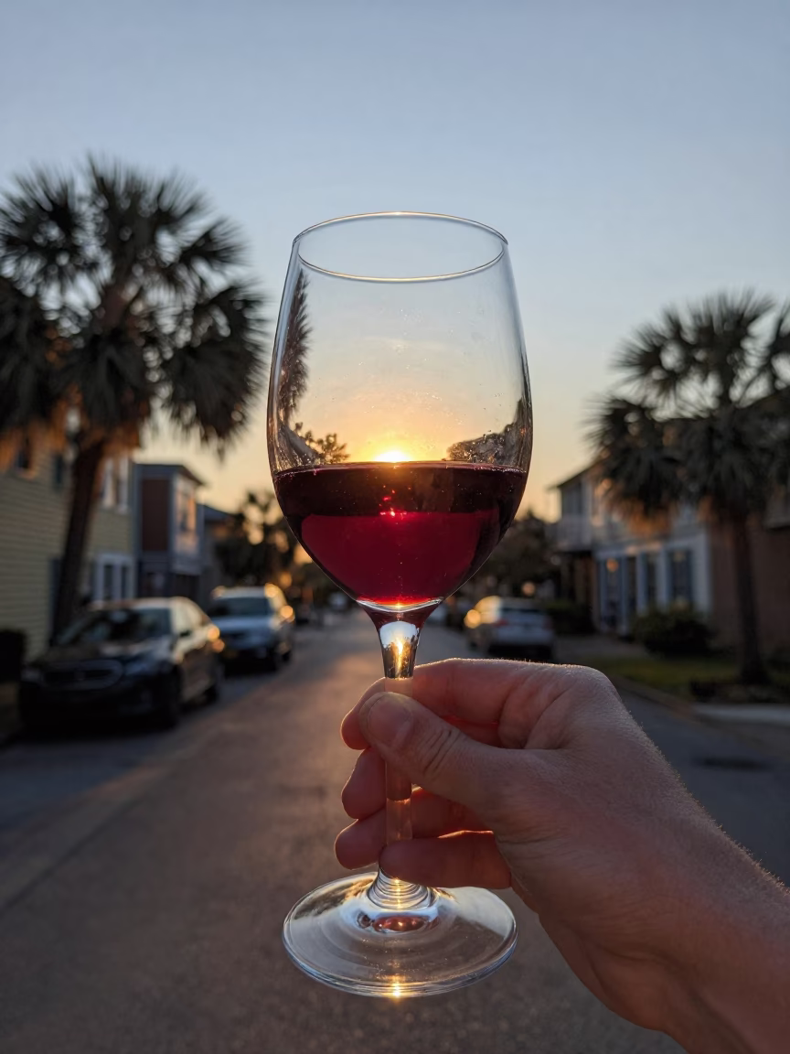 Golden Hour Sunset Light Reflecting in Red Wine Glass on Charleston Historic District Balcony in in Charleston, South Carolina, United States