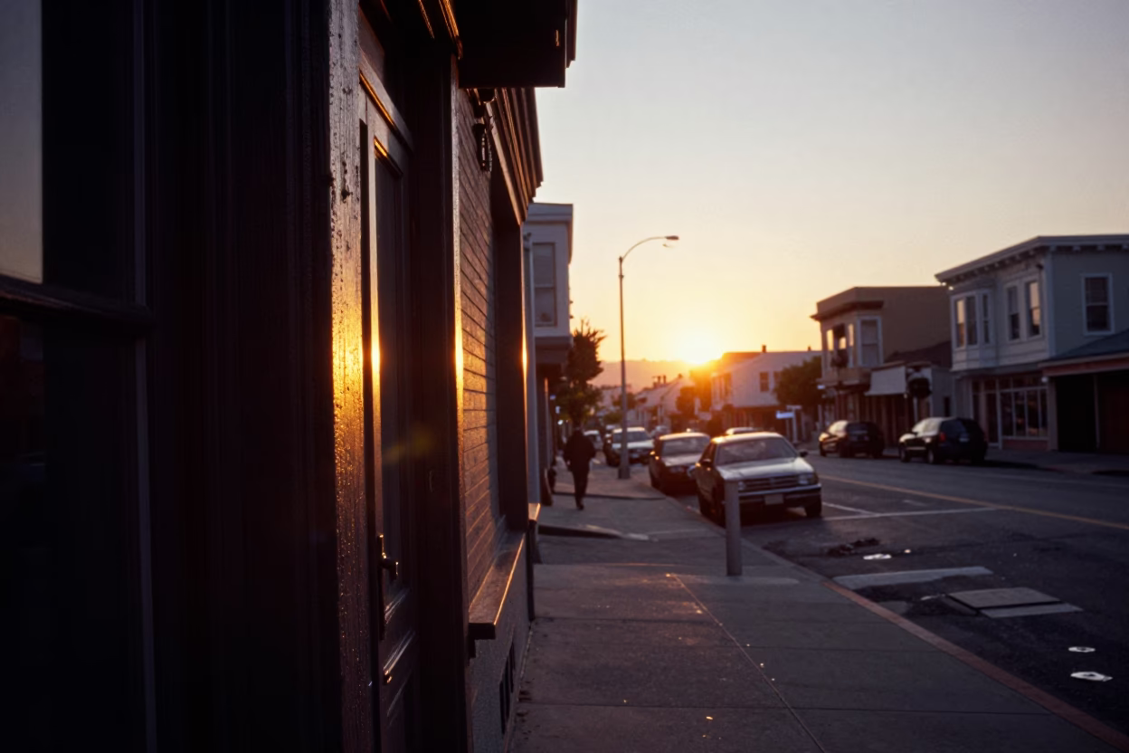 Golden Hour Sunset Light Striking Doorframe and Street Scene in San Francisco California in in San Francisco, California, United States