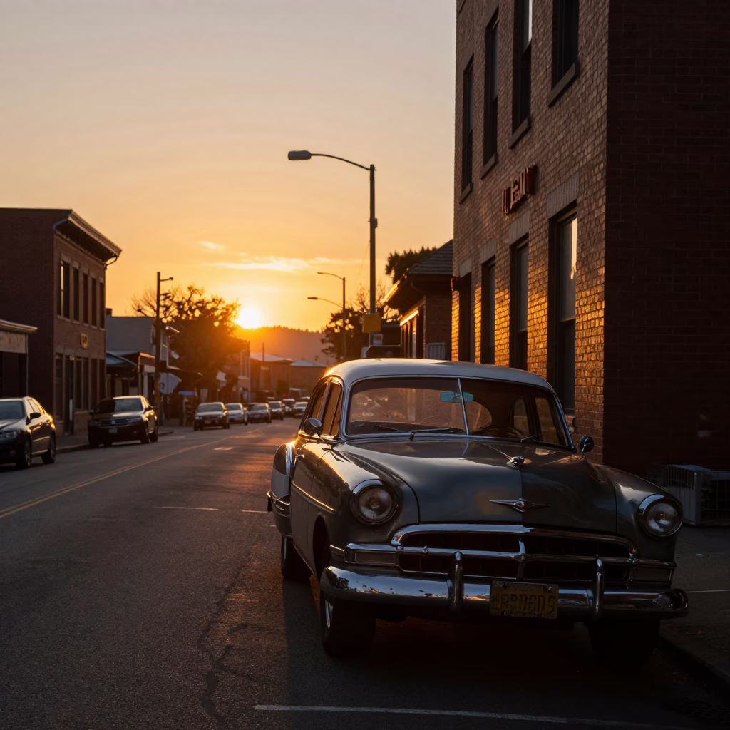 Golden Hour Sunset on Portland Oregon Street with Vintage Car and Local Details in in Portland, Oregon, United States