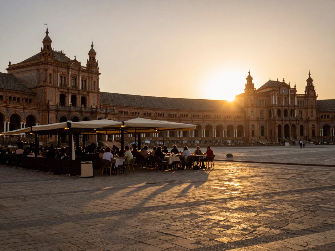 Golden Hour Sunset on Seville Plaza with Local Dining and Traditional Footwear in in Seville, Spain