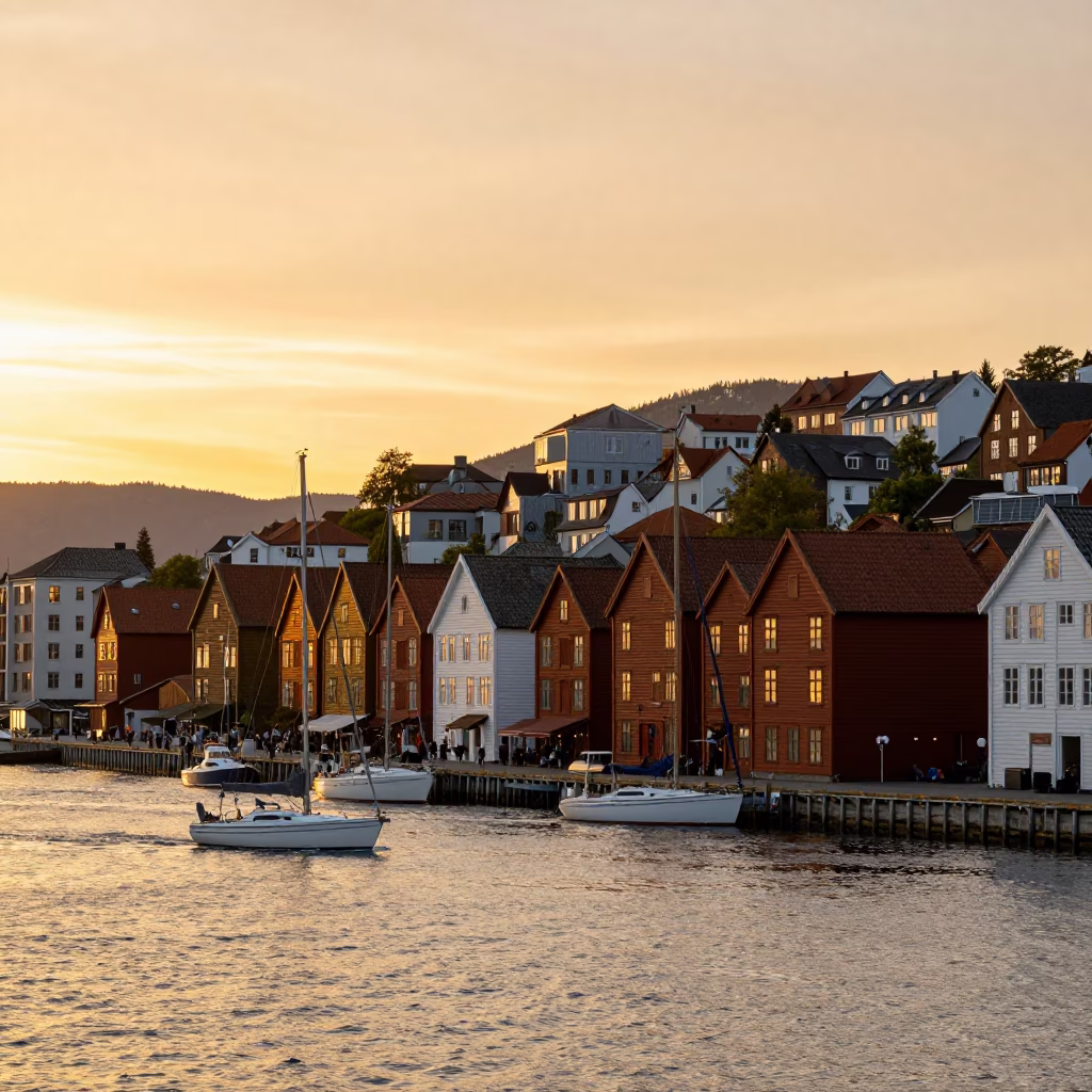 Golden Hour Sunset Over Bergen Norway Harbor with Sailboats and Red Wharves in in Bergen, Norway