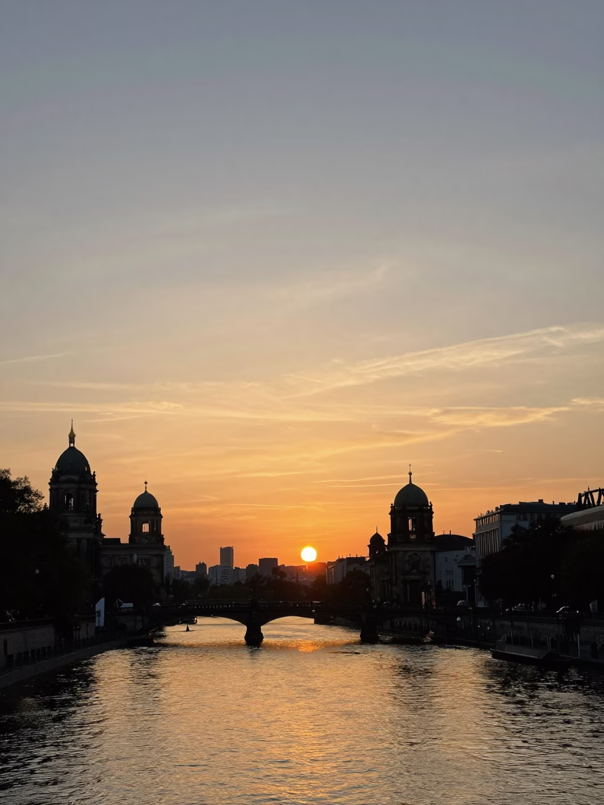 Golden Hour Sunset Over Berlin Skyline and Spree River with Urban Architecture in in Berlin, Germany