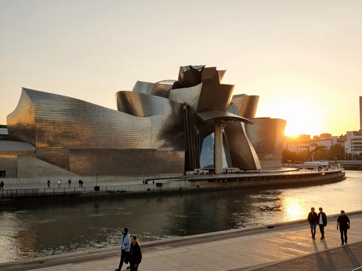 Golden Hour Sunset Over Bilbao's Guggenheim Museum and Nervion River Promenade in in Bilbao, Spain