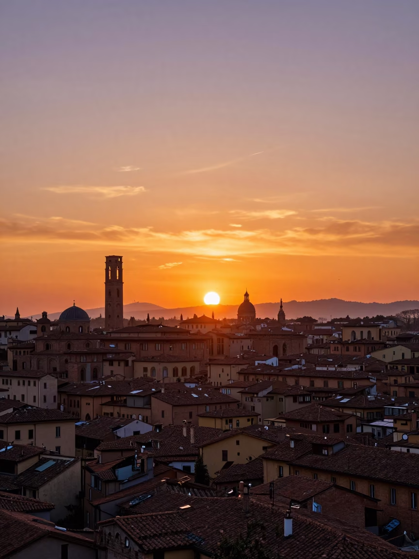 Golden Hour Sunset Over Bologna Italy Historic Skyline and Rooftops in in Bologna, Italy