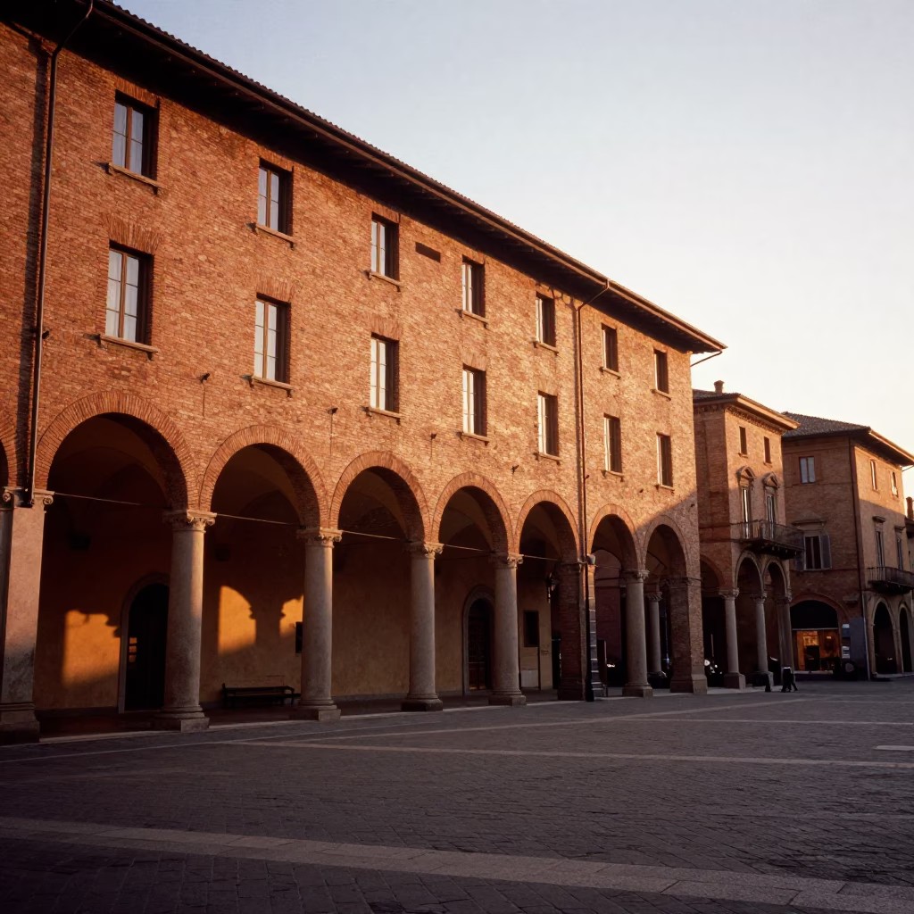Golden Hour Sunset Over Bologna Porticoes and Brick Architecture in in Bologna, Italy