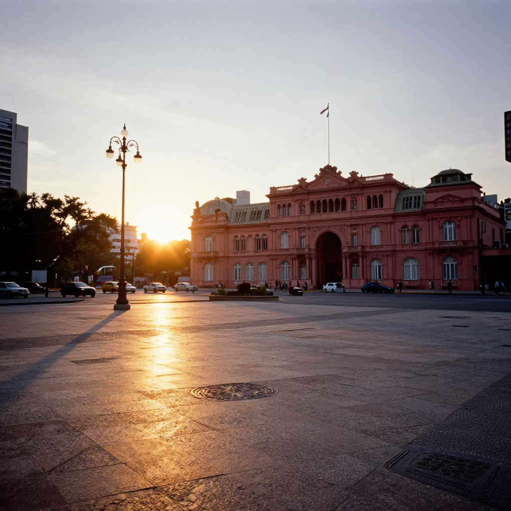 Golden Hour Sunset Over Buenos Aires Plaza de Mayo and Casa Rosada in in Buenos Aires, Argentina