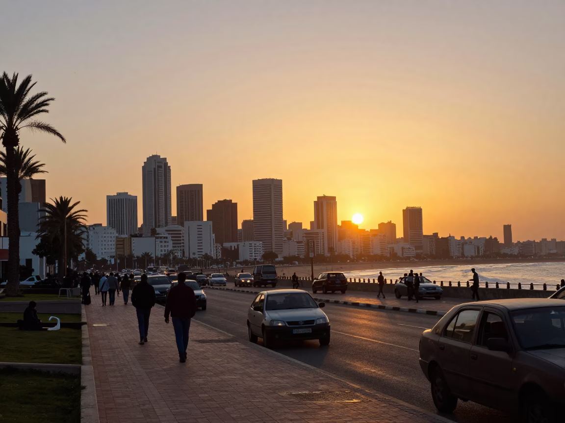 Golden Hour Sunset Over Casablanca Morocco Skyline and Coastal Urban Street Scene in in Casablanca, Morocco