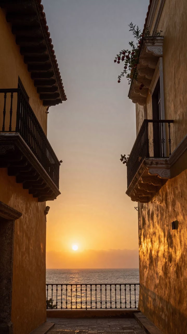 Golden Hour Sunset Over Colonial Cartagena Balcony with Pomegranate and Notebook in in Cartagena, Colombia