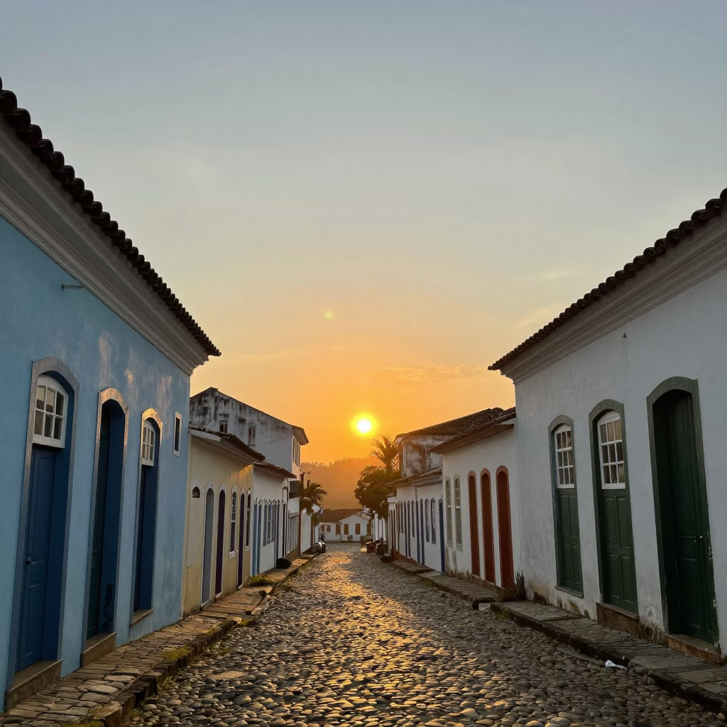 Golden Hour Sunset Over Colonial Salvador Brazil Street Scene in in Salvador, Brazil
