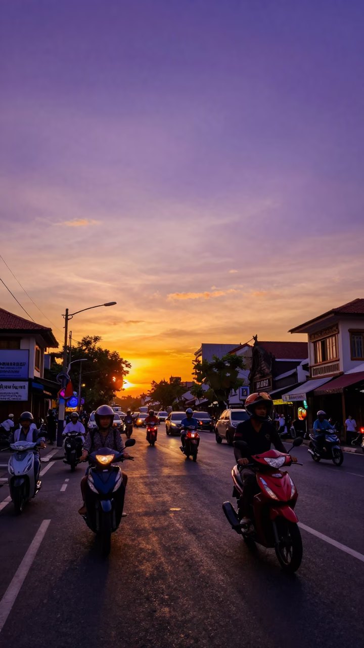 Golden Hour Sunset Over Denpasar Bali Street Traffic and Traditional Balinese Architecture in in Denpasar, Indonesia