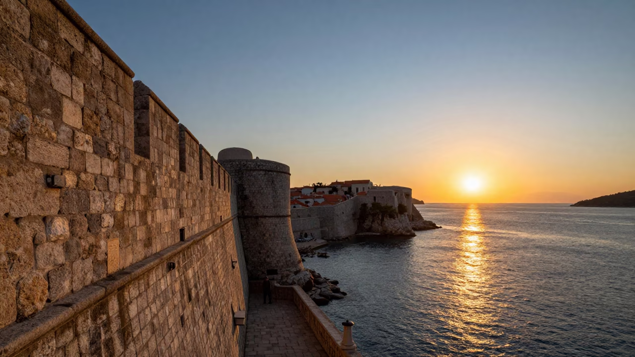 Golden Hour Sunset Over Dubrovnik Old Town Stone Walls and Adriatic Sea in in Dubrovnik, Croatia