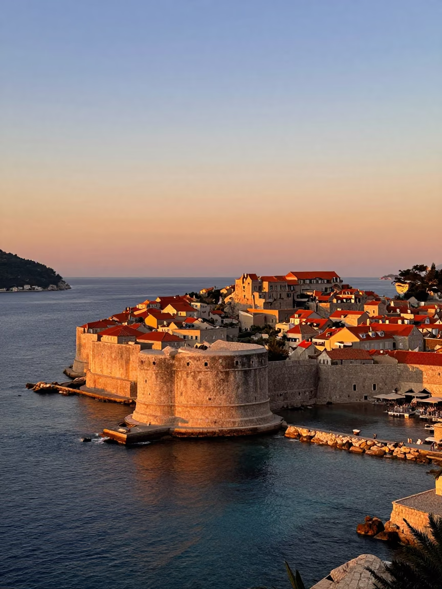 Golden Hour Sunset Over Dubrovnik Old Town Walls and Adriatic Sea in in Dubrovnik, Croatia