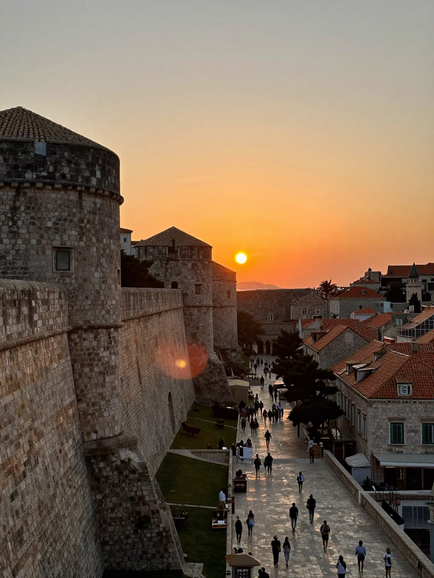 Golden Hour Sunset Over Dubrovnik Old Town Walls with Sea View in in Dubrovnik, Croatia
