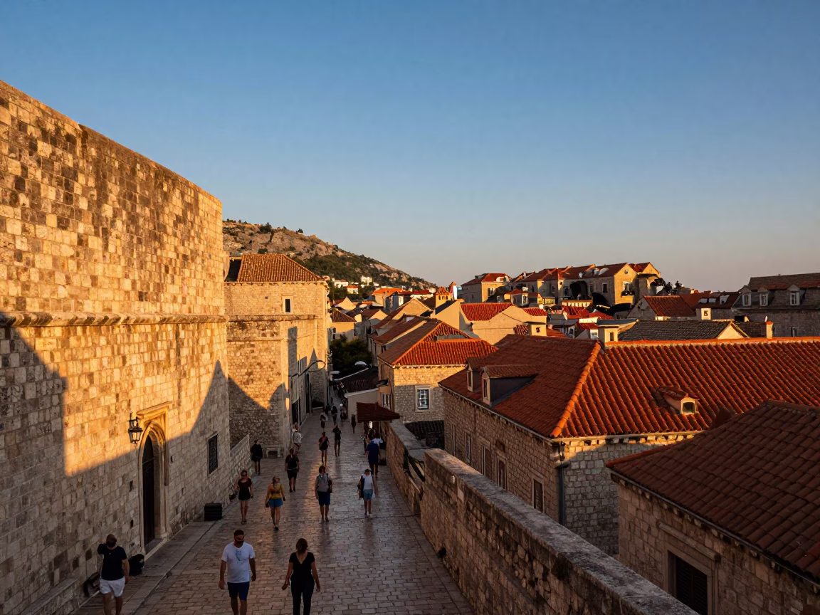 Golden Hour Sunset Over Dubrovnik Old Town with Local Street Life and Architectural Details in in Dubrovnik, Croatia