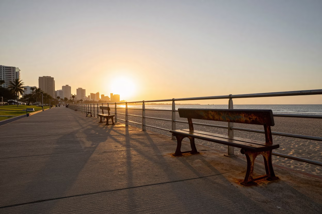 Golden Hour Sunset Over Durban Beachfront Promenade with Rusting Metal and Urban Life in in Durban, South Africa