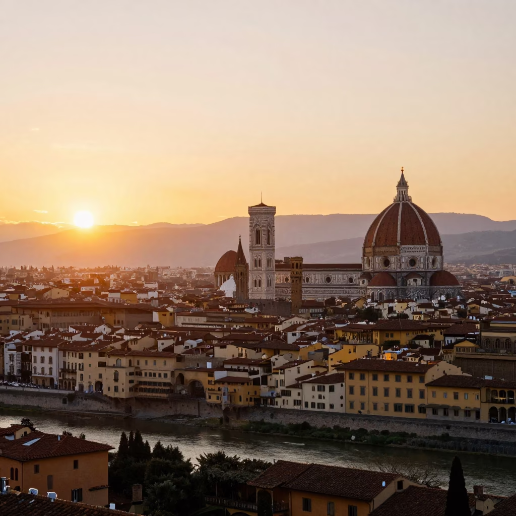 Golden Hour Sunset Over Florence Italy Historic Skyline and Arno River in in Florence, Italy