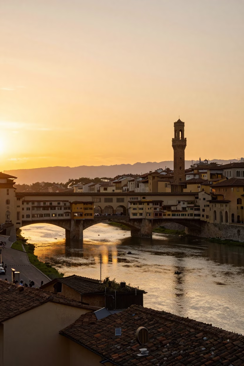 Golden Hour Sunset Over Florence Italy Ponte Vecchio and Arno River in in Florence, Italy