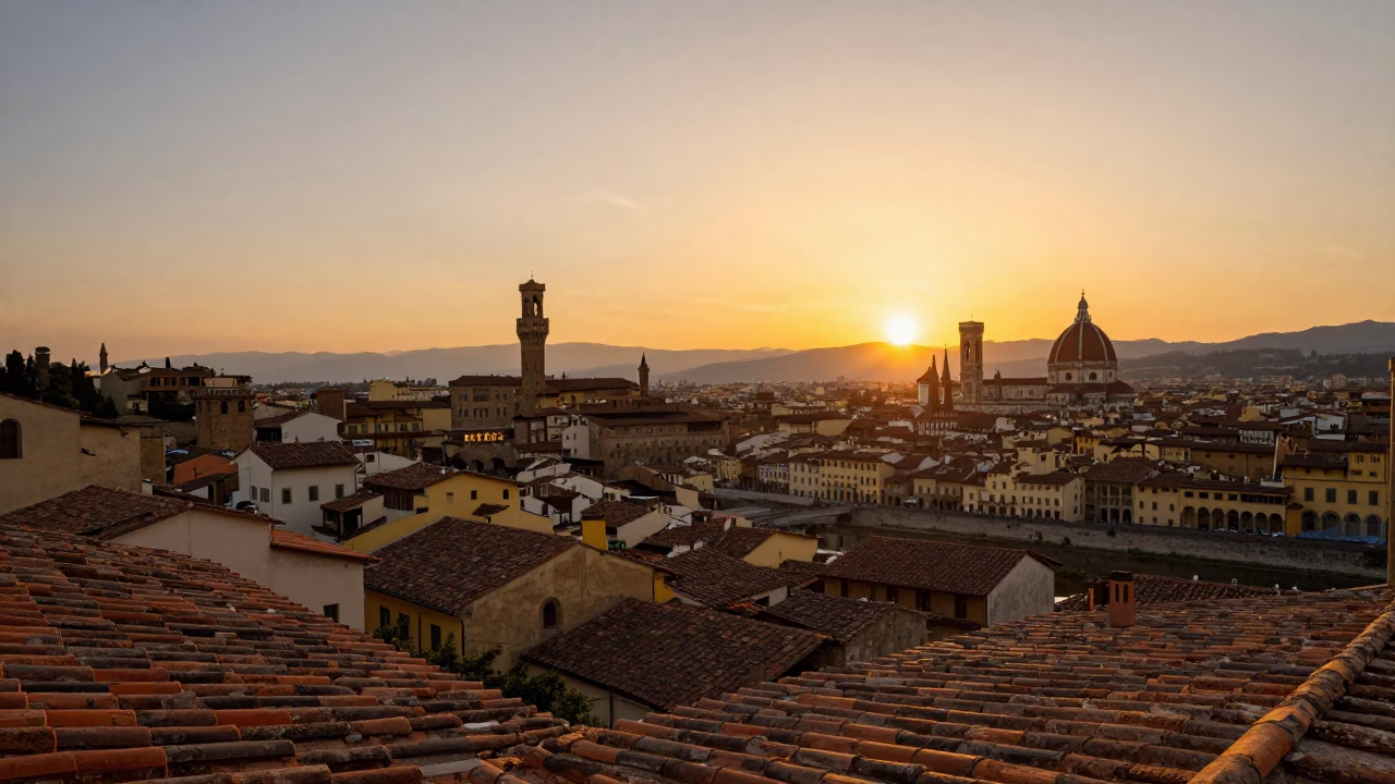 Golden Hour Sunset Over Florence Italy Terracotta Rooftops and Arno River Valley Landscape in in Florence, Italy