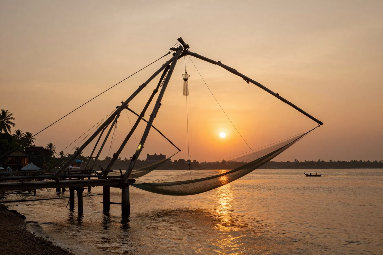 Golden Hour Sunset Over Fort Kochi Backwaters With Traditional Boats And Fishing Nets in in Kochi, India