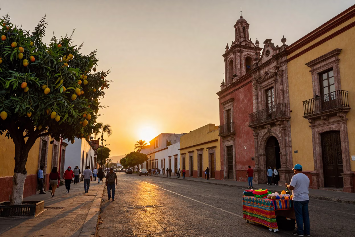 Golden Hour Sunset Over Guadalajara Mexico Street Scene with Mangoes in in Guadalajara, Mexico