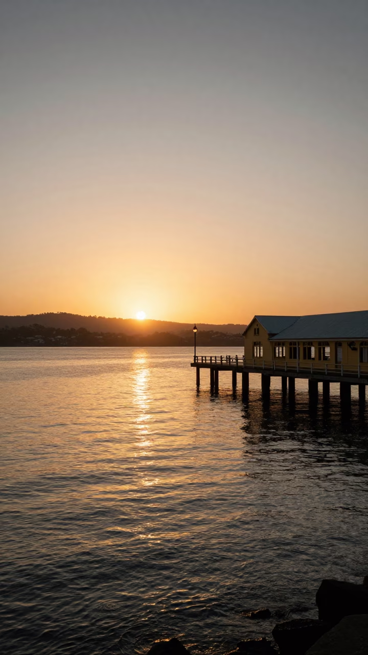 Golden Hour Sunset Over Hobart Tasmania Harbor and Historic Pier in in Hobart, Tasmania, Australia