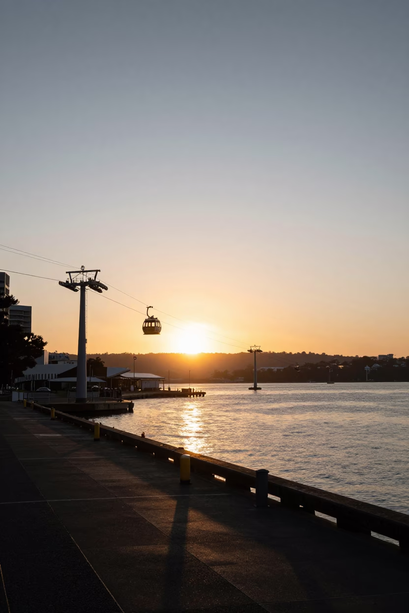 Golden Hour Sunset Over Hobart Waterfront with Cable Car and Maritime Activity in in Hobart, Tasmania, Australia