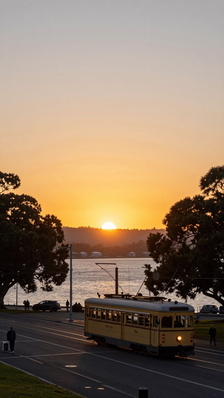 Golden Hour Sunset Over Hobart Waterfront with Tramcar and Tree-Lined Boulevard in in Hobart, Tasmania, Australia