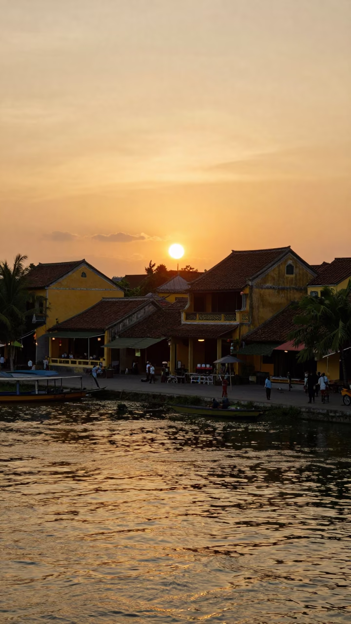 Golden Hour Sunset Over Hoi An Ancient Town Vietnamese Riverbank Life in in Hoi An, Vietnam