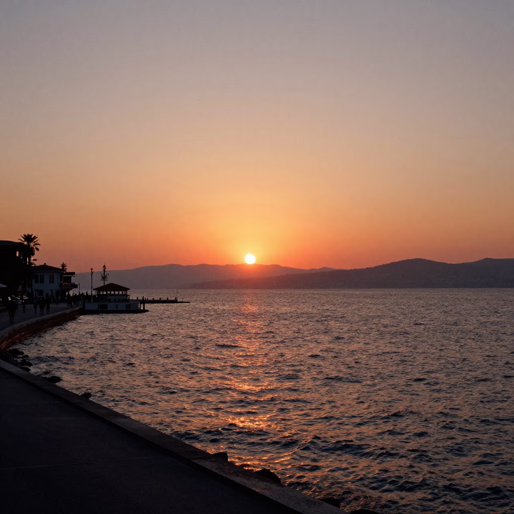 Golden Hour Sunset Over Izmir Bay With Kordon Promenade and Coastal Architecture in in Izmir, Turkey