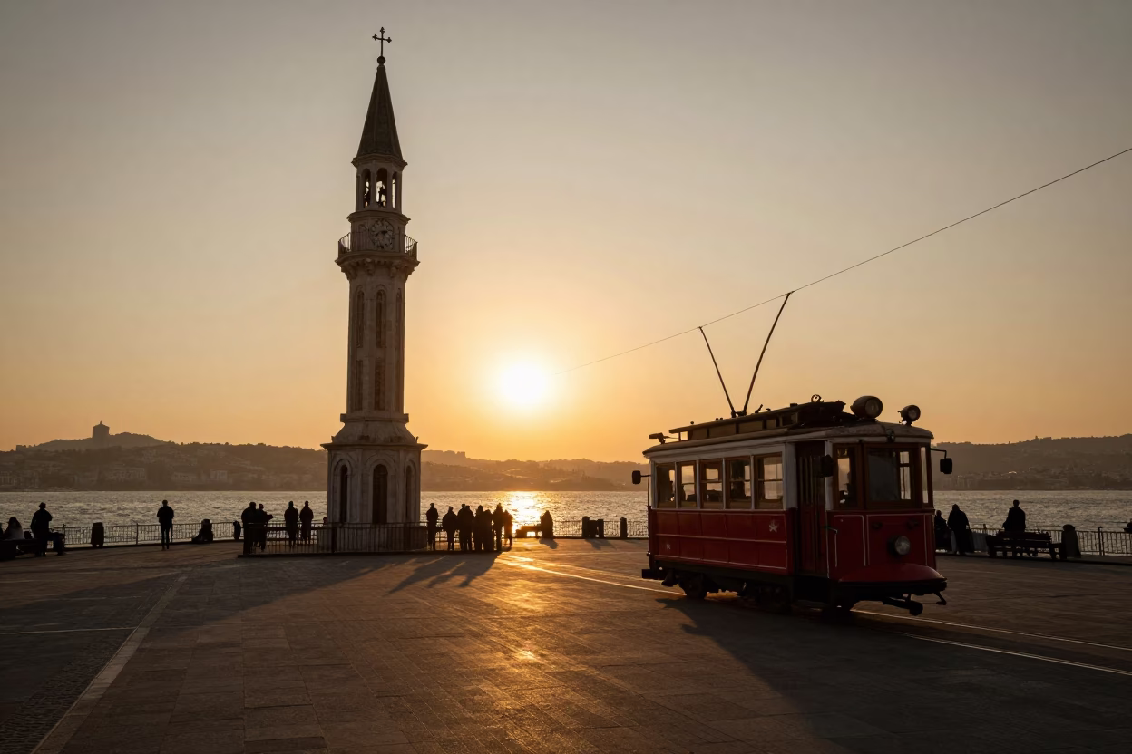 Golden Hour Sunset Over Izmir Bay With Vintage Tram And Historic Architecture in in Izmir, Turkey