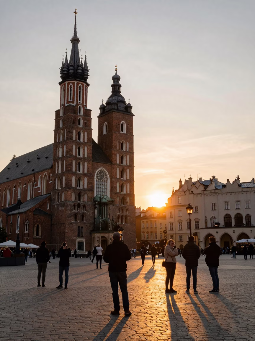 Golden Hour Sunset Over Krakow Main Market Square with Tourists and Historic Architecture in in Krakow, Poland
