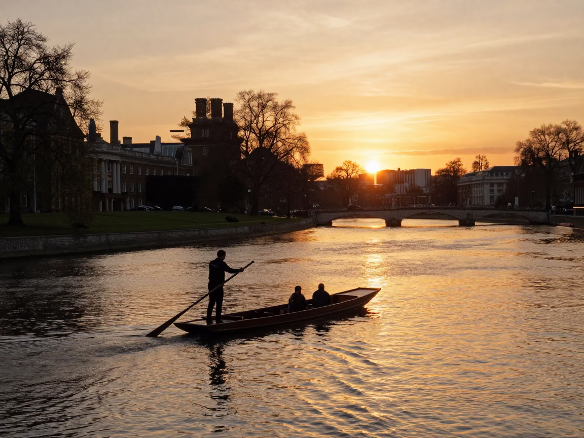 Golden Hour Sunset Over London Thames River with Punt and College Gardens in in London, United Kingdom