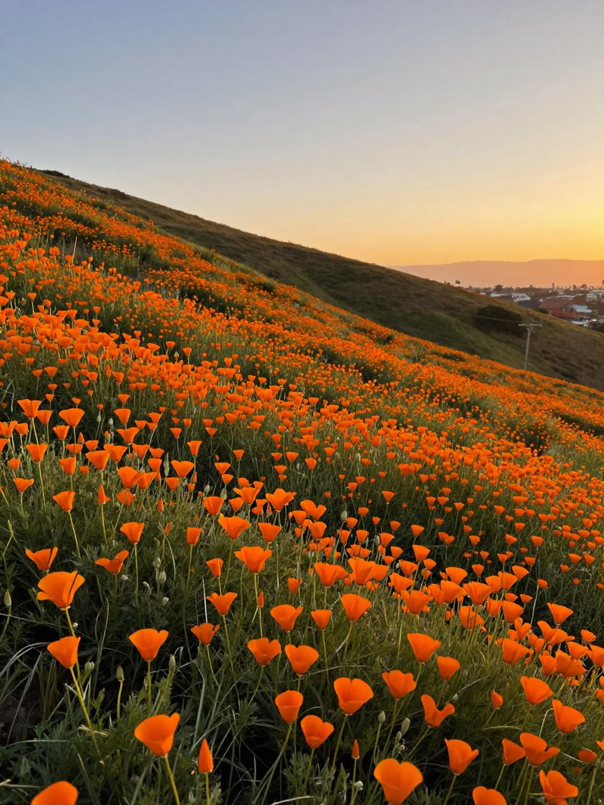 Golden Hour Sunset Over Los Angeles Hillside Field of Vibrant California Poppies in in Los Angeles, California, United States