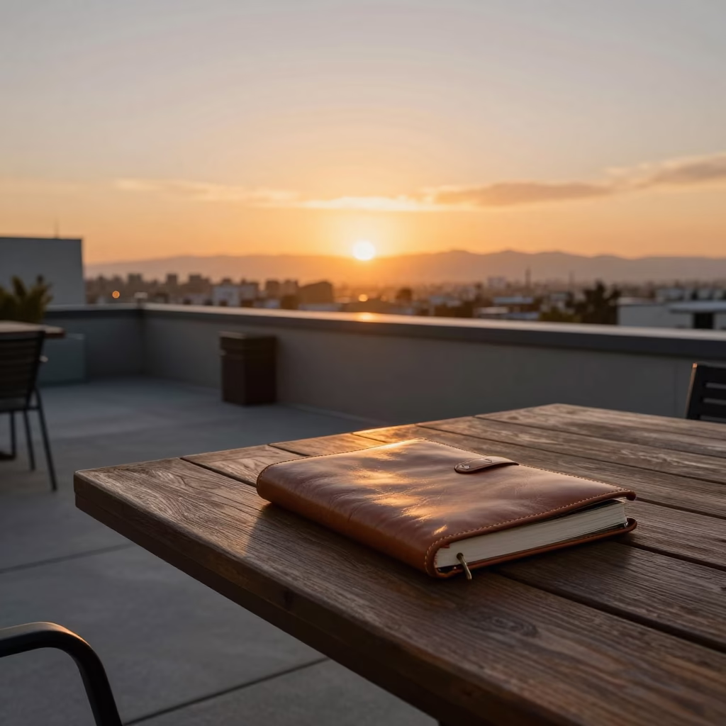 Golden Hour Sunset Over Los Angeles Rooftop Terrace with Notebook and City Skyline in in Los Angeles, California, United States