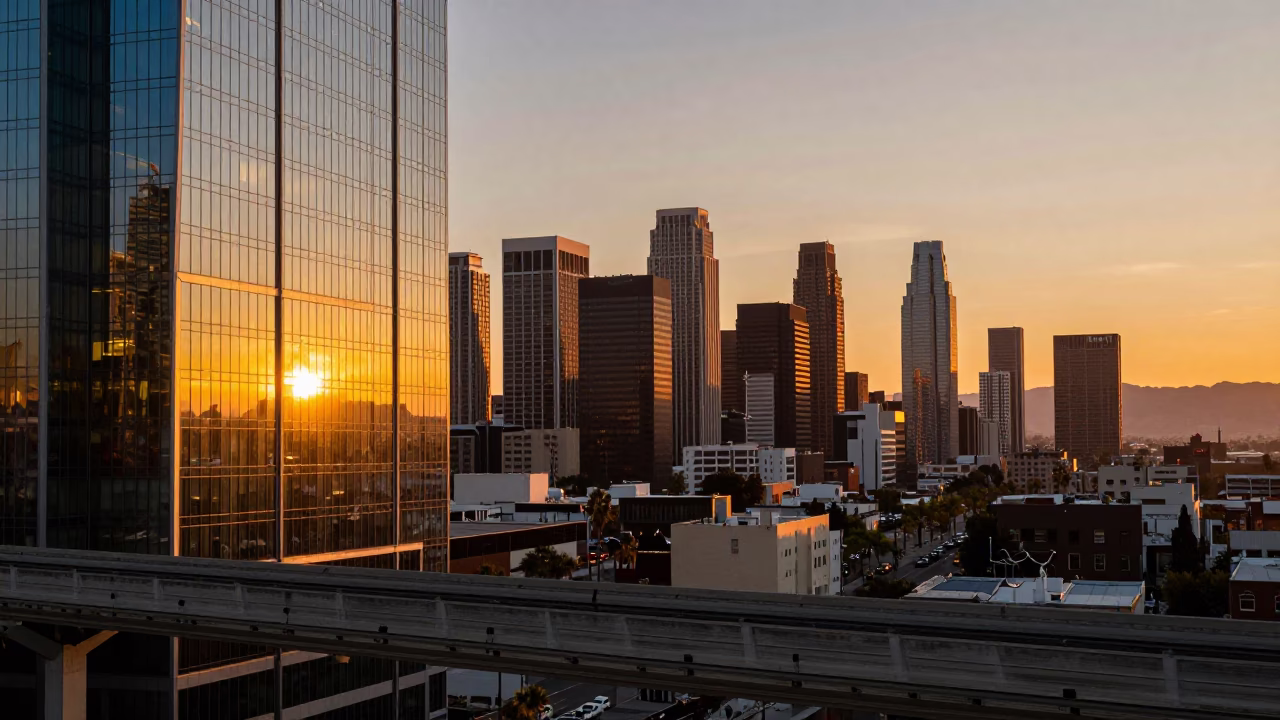 Golden Hour Sunset Over Los Angeles Skyscraper with Monorail Reflection in in Los Angeles, California, United States