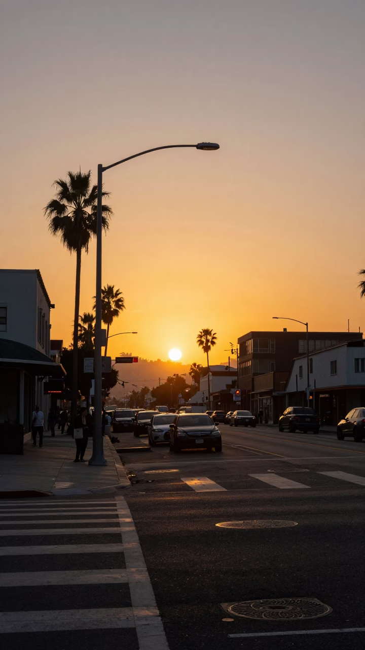 Golden Hour Sunset Over Los Angeles Street Scene with Vintage Details and Urban Life in in Los Angeles, California, United States