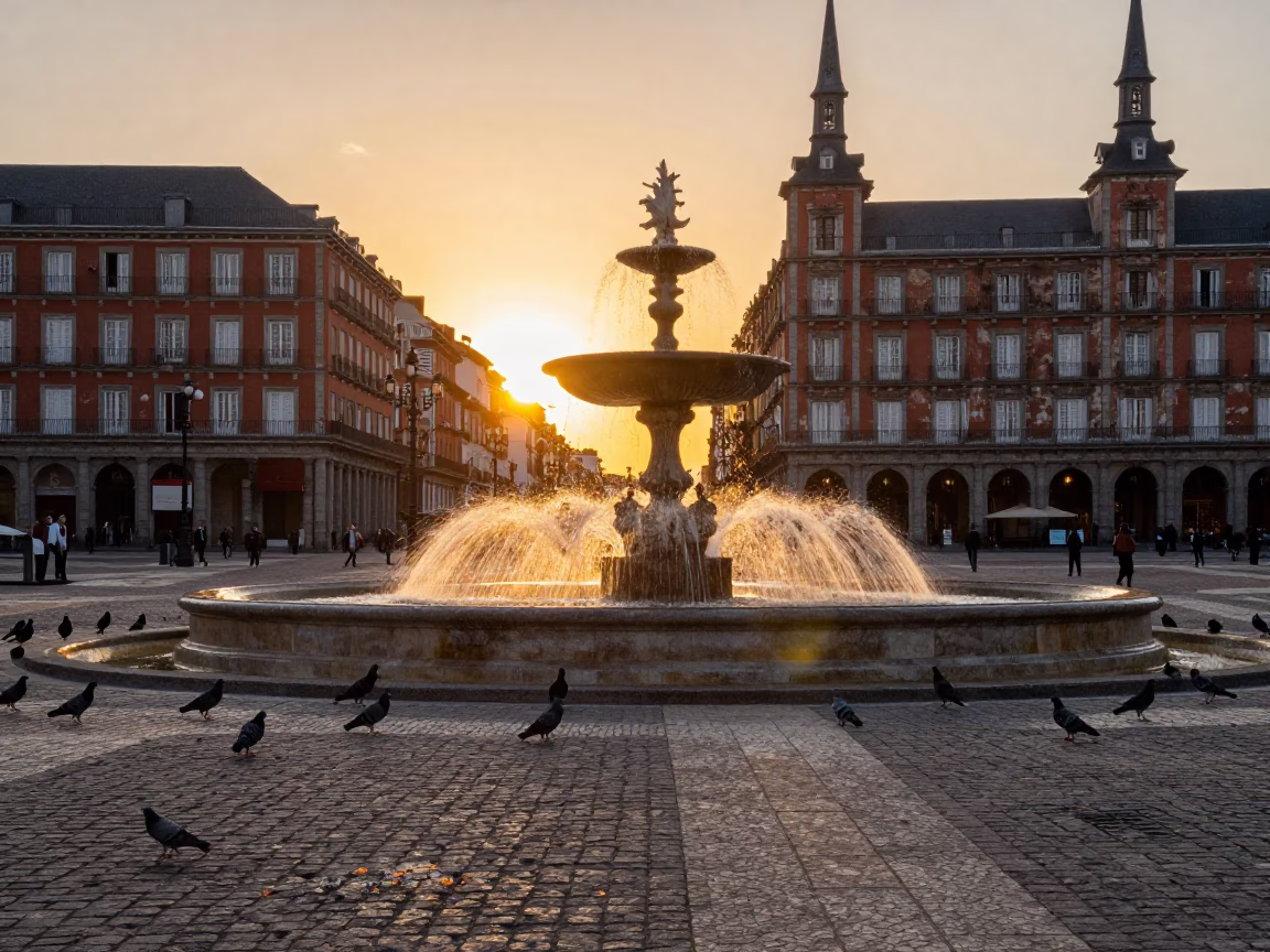 Golden Hour Sunset Over Madrid Plaza with Stone Fountains and Urban Life in in Madrid, Spain