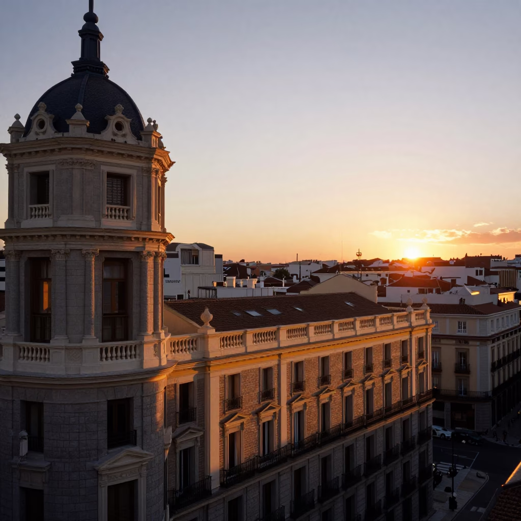 Golden Hour Sunset Over Madrid Spain Cityscape and Horizon Line in in Madrid, Spain