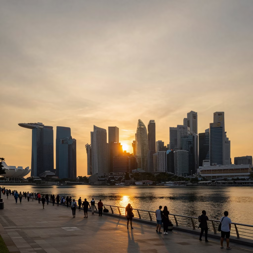 Golden Hour Sunset Over Marina Bay Sands Skyline and Waterfront Promenade in Singapore in in Singapore, Singapore