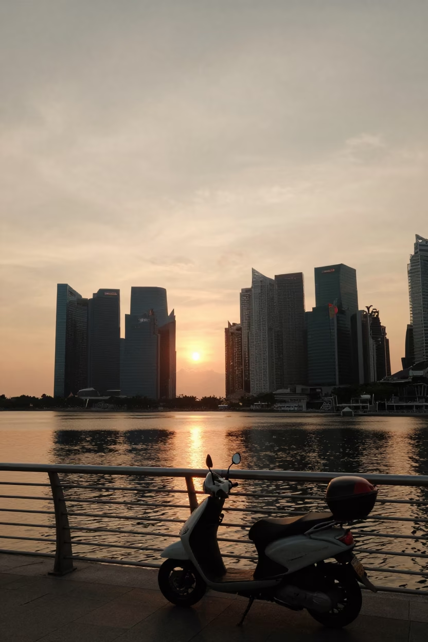 Golden Hour Sunset Over Marina Bay Waterfront with Scooter and Ferry in Singapore in in Singapore, Singapore