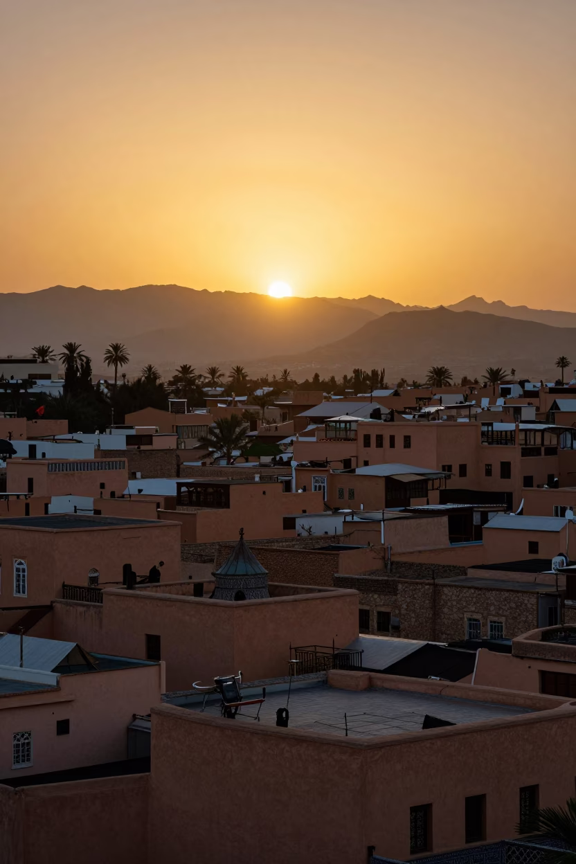Golden Hour Sunset over Marrakech Medina Rooftops and Traditional Woven Baskets in in Marrakech, Morocco