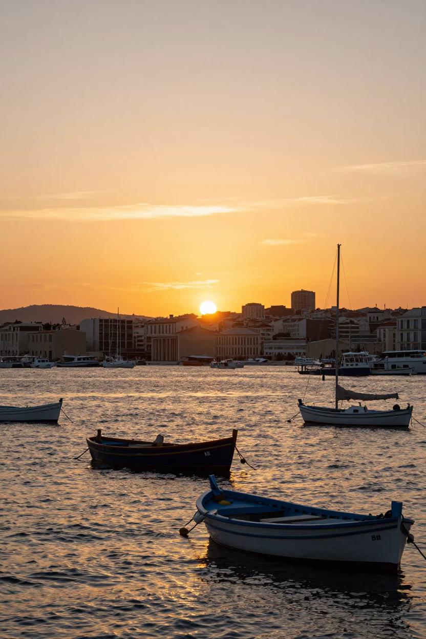 Golden Hour Sunset Over Marseille Harbor with Traditional Boats and City Skyline in in Marseille, France