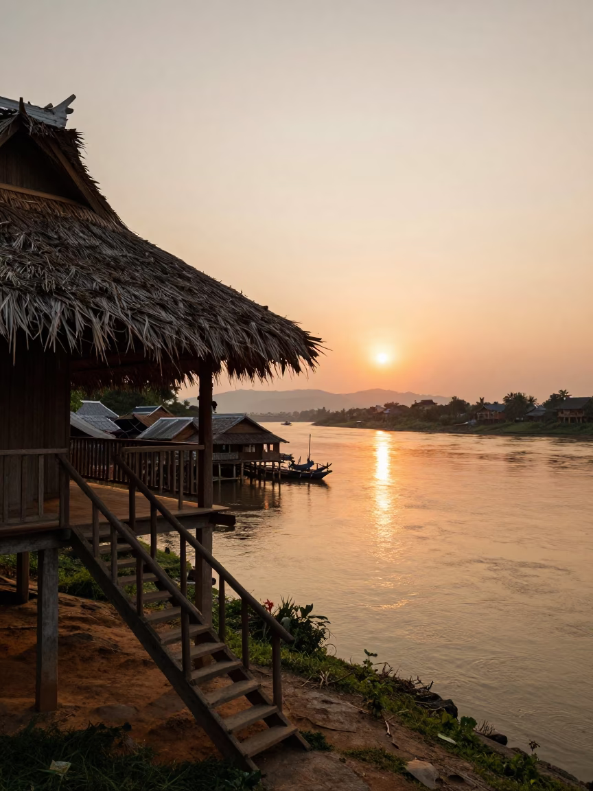 Golden Hour Sunset Over Mekong River and Traditional Lao Stilt Houses in Luang Prabang in in Luang Prabang, Laos