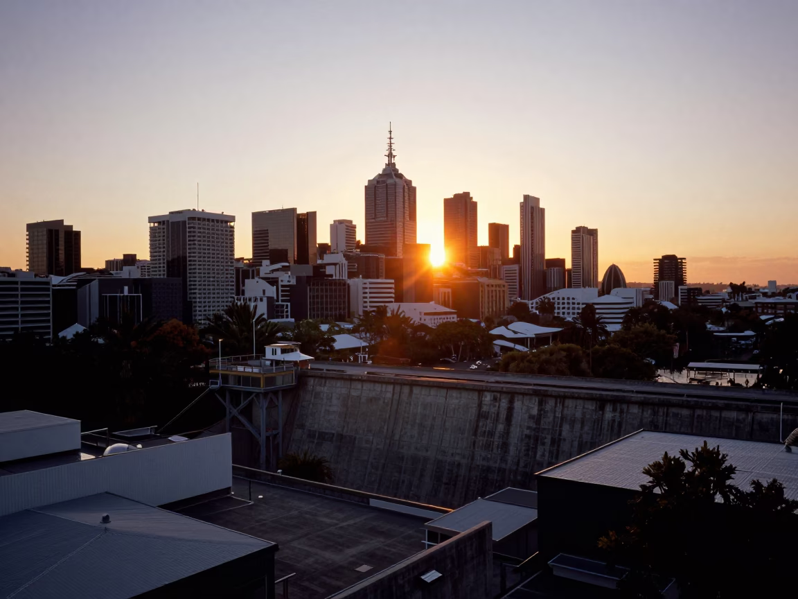 Golden Hour Sunset Over Melbourne Rooftops and Urban Skyline in in Melbourne, Victoria, Australia