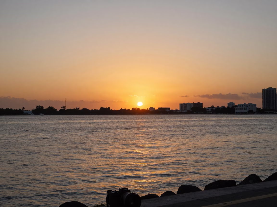 Golden Hour Sunset Over Miami Florida Waterfront with Turnbuckle and Urban Skyline in in Miami, Florida, United States