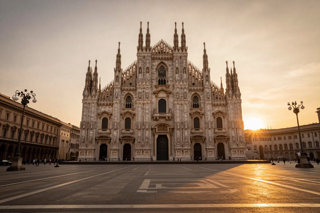Golden Hour Sunset Over Milan Cathedral Plaza With Historic Gothic Architecture And Pedestrians in in Milan, Italy